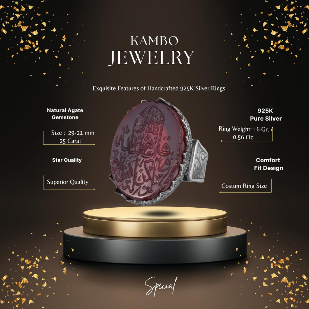 KAMBO 925 Sterling Silver Natural Agate Stone Large Men's Ring – Handmade Islamic Calligraphy Design — 2