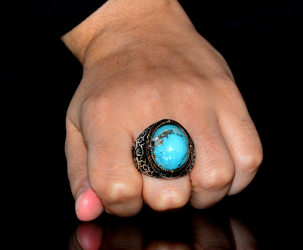 Silver Ring - Gold Highlighted Natural Arizona Turquoise Stone — 7