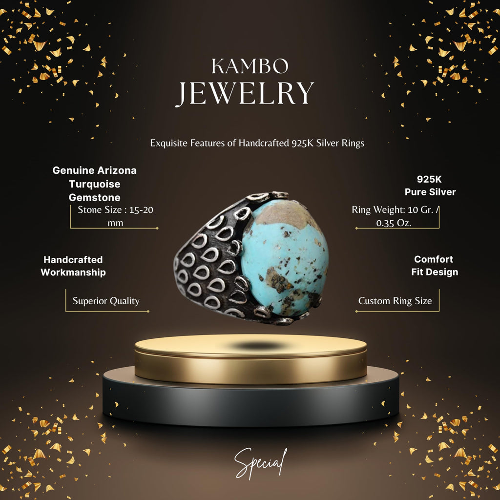 KAMBO Handmade Genuine Arizona Turquoise Men's Ring, 17 Carat Solid 925 Sterling Silver Minimalist Vintage Statement Jew