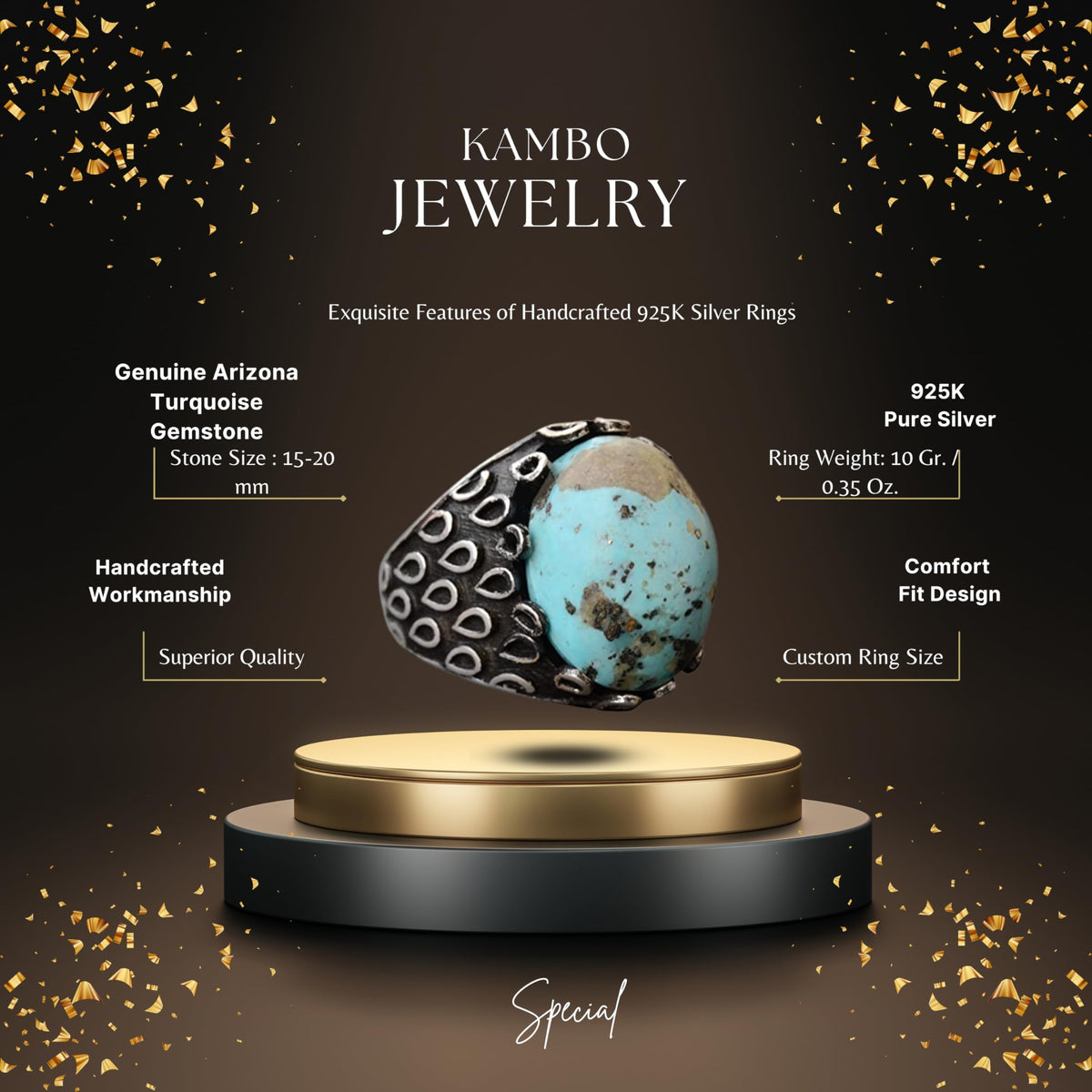 KAMBO Handmade Genuine Arizona Turquoise Men's Ring, 17 Carat Solid 925 Sterling Silver Minimalist Vintage Statement Jew