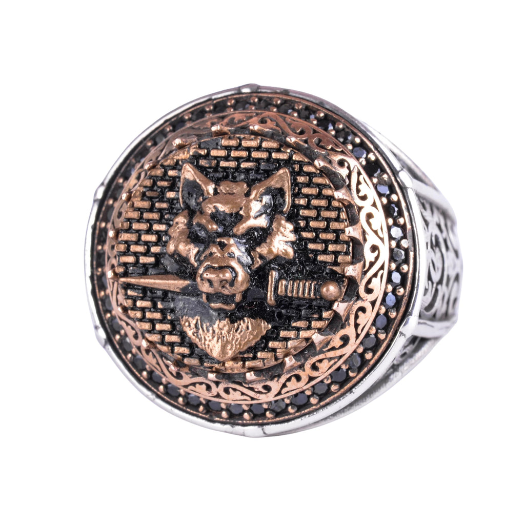 KAMBO Symbol Ring for Men 925 Sterling Silver Round Ring with Bronze Detail Handmade Ottoman Style Statement Jewelry (Wolf Skull)