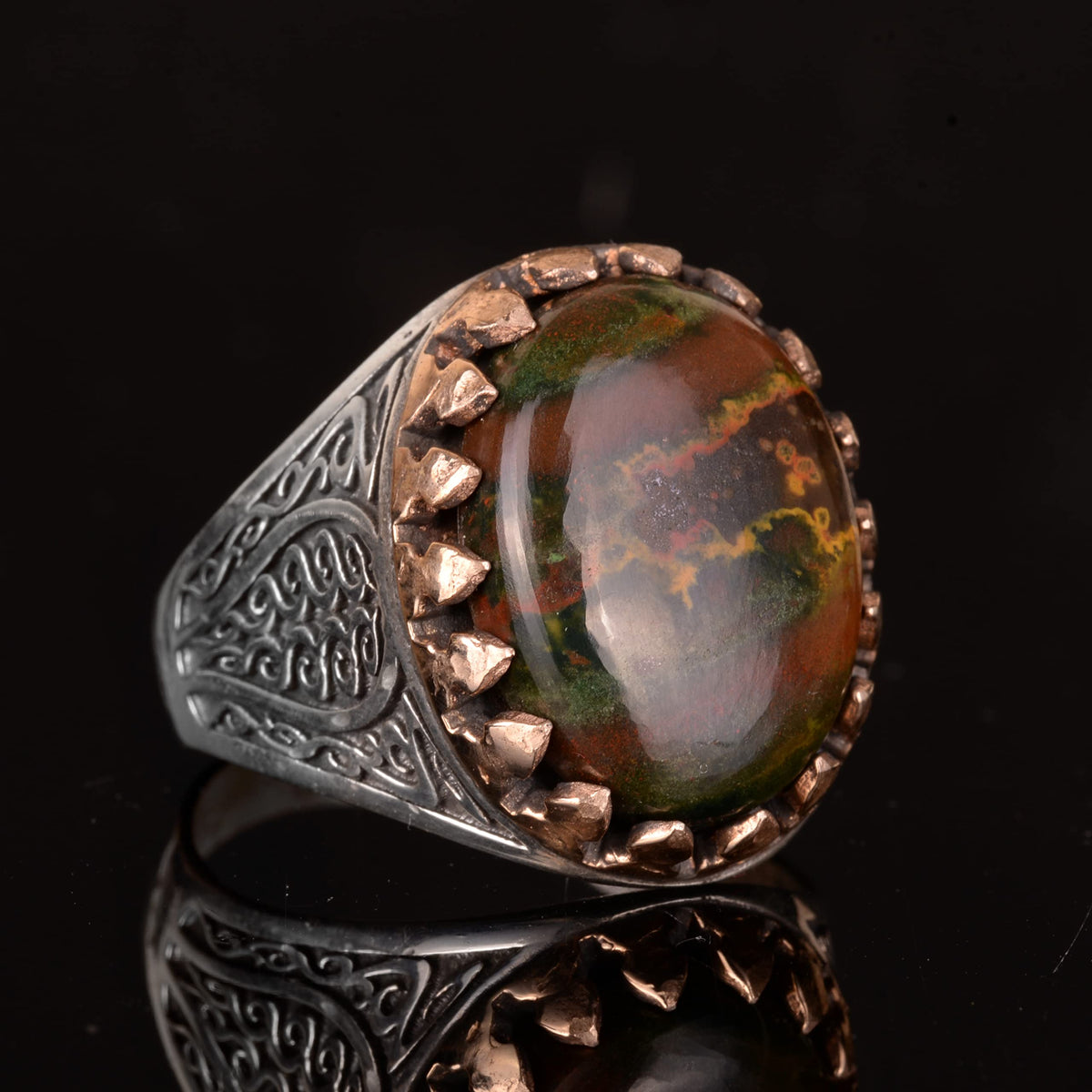 Natural Bloodstone Ring, 925 Sterling Silver, Red — 3