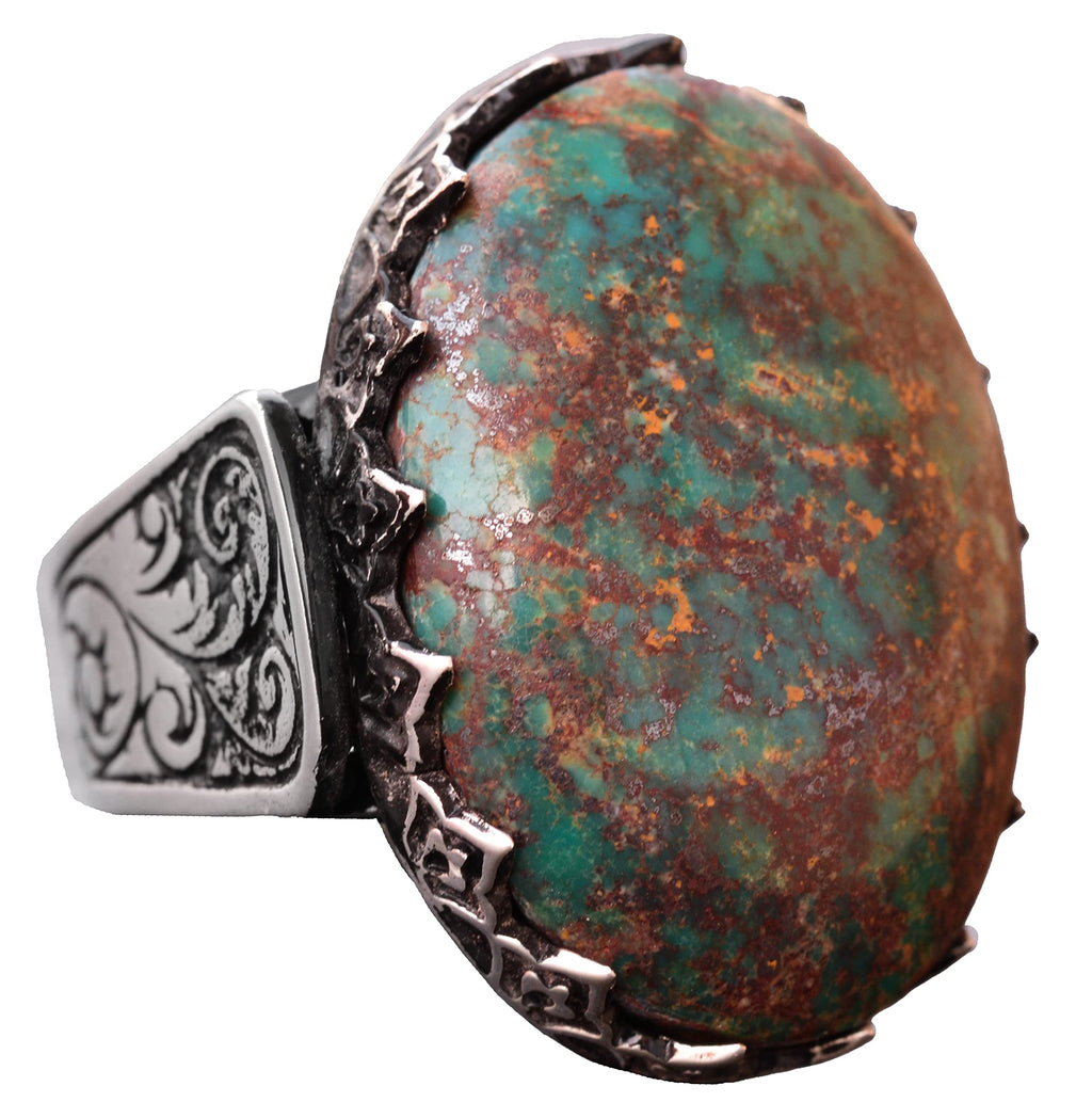 KAMBO Natural Turquoise Stone Ring - Large Men's Ring - 925 Sterling Silver Unique Ring (Style-1)