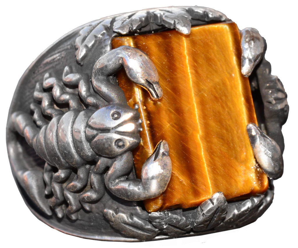 Handmade Silver Men's Ring | Natural Tiger's Eye Stone and Scorpion Design | Bold and Protective
