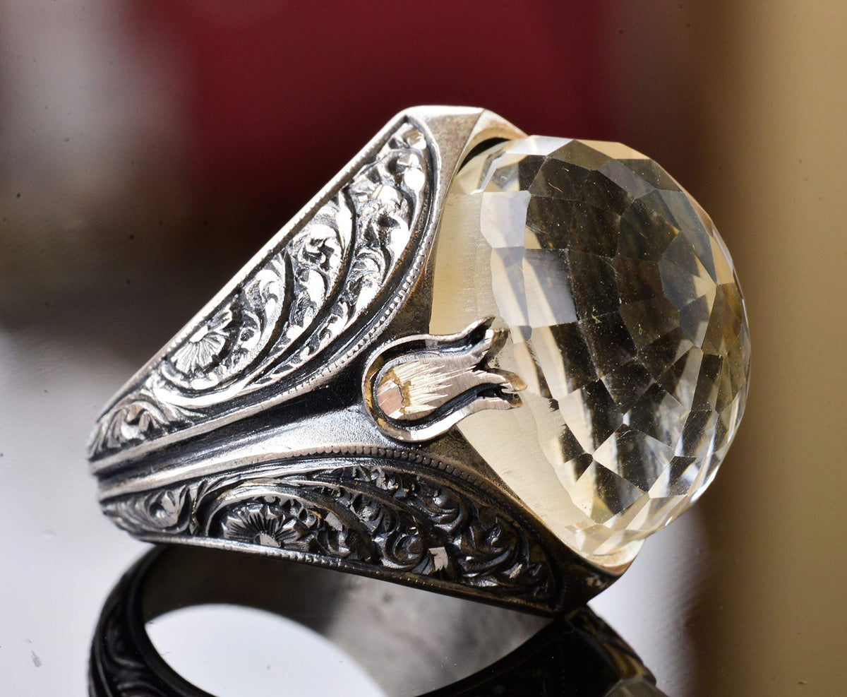 KAMBO Handmade Men's Sterling Silver Ring with Natural Citrine Gemstone, Vintage Statement Jewelry, 925 Sterling Silver 