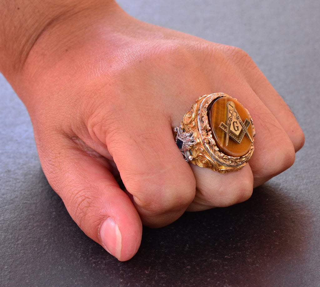 Mason Ring - Master Mason Silver Ring, Tiger Eye Stone, Gold Plated — 7