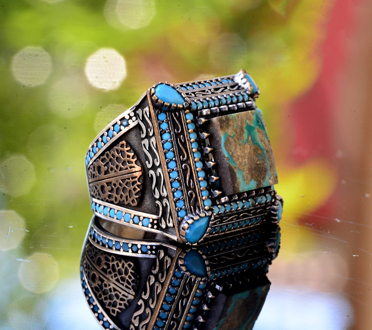 925 Sterling Silver Real Arizona Turquoise Stone Men's Ring — 4