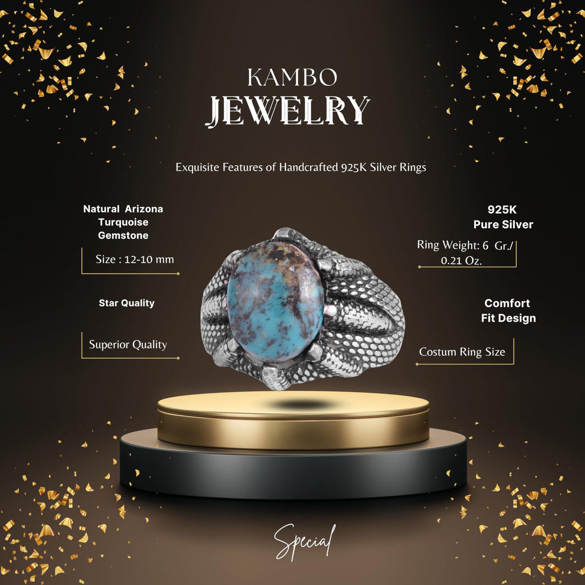 KAMBO 925 Sterling Silver Claw Detailed Natural Turquoise Stone Ring – Handmade Men's Legendary Warrior Jewelry (Style-8) — 2