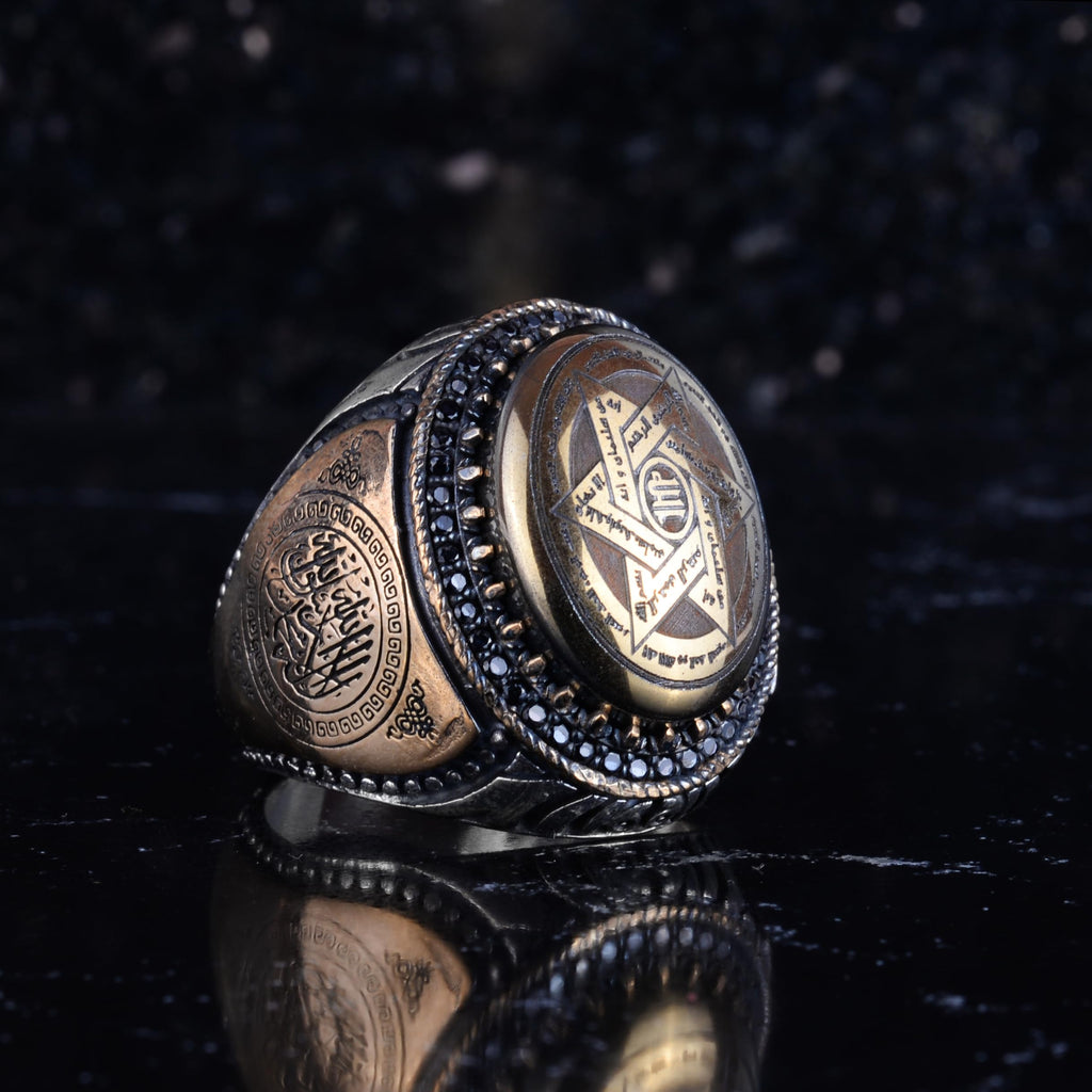 KAMBO Natural Hematite Stone Men's Ring – 925 Sterling Silver Arabic Calligraphy Detailed Star of David Embroidered Ring – Vintage Expressive Handmade Ring — 5