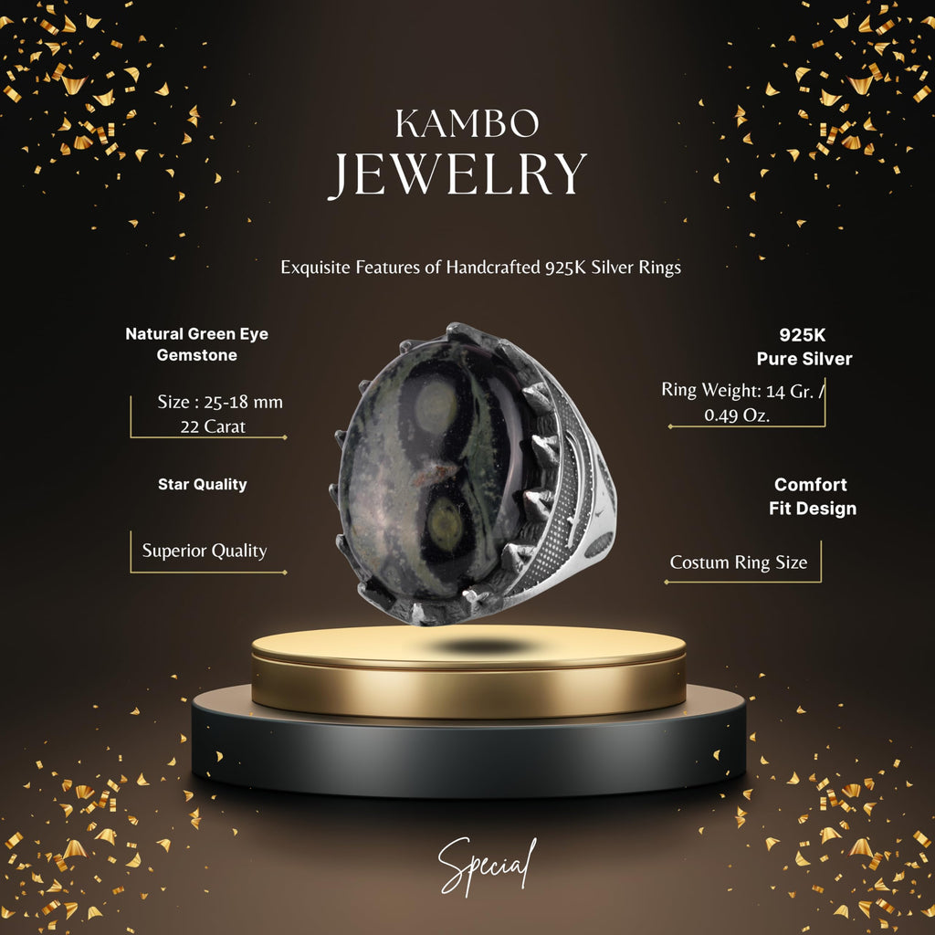 KAMBO Natural Stone Men's Large Ring – 925 Sterling Silver Ottoman Sword Motif Statement Ring (Green Eye) — 2