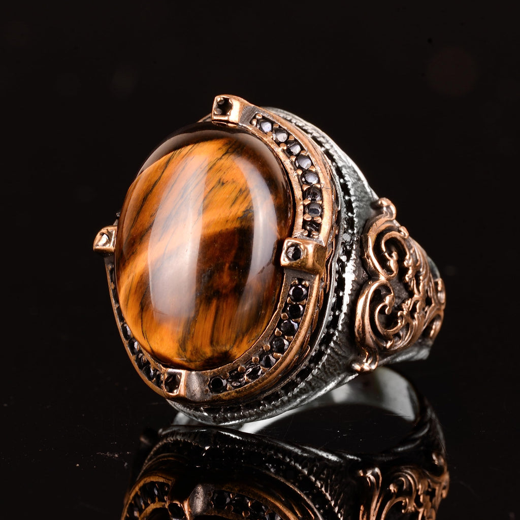 Tiger's Eye Natural Stone Ring - 925 Sterling Silver Handmade Men's Ring - Power and Courage Design — 5