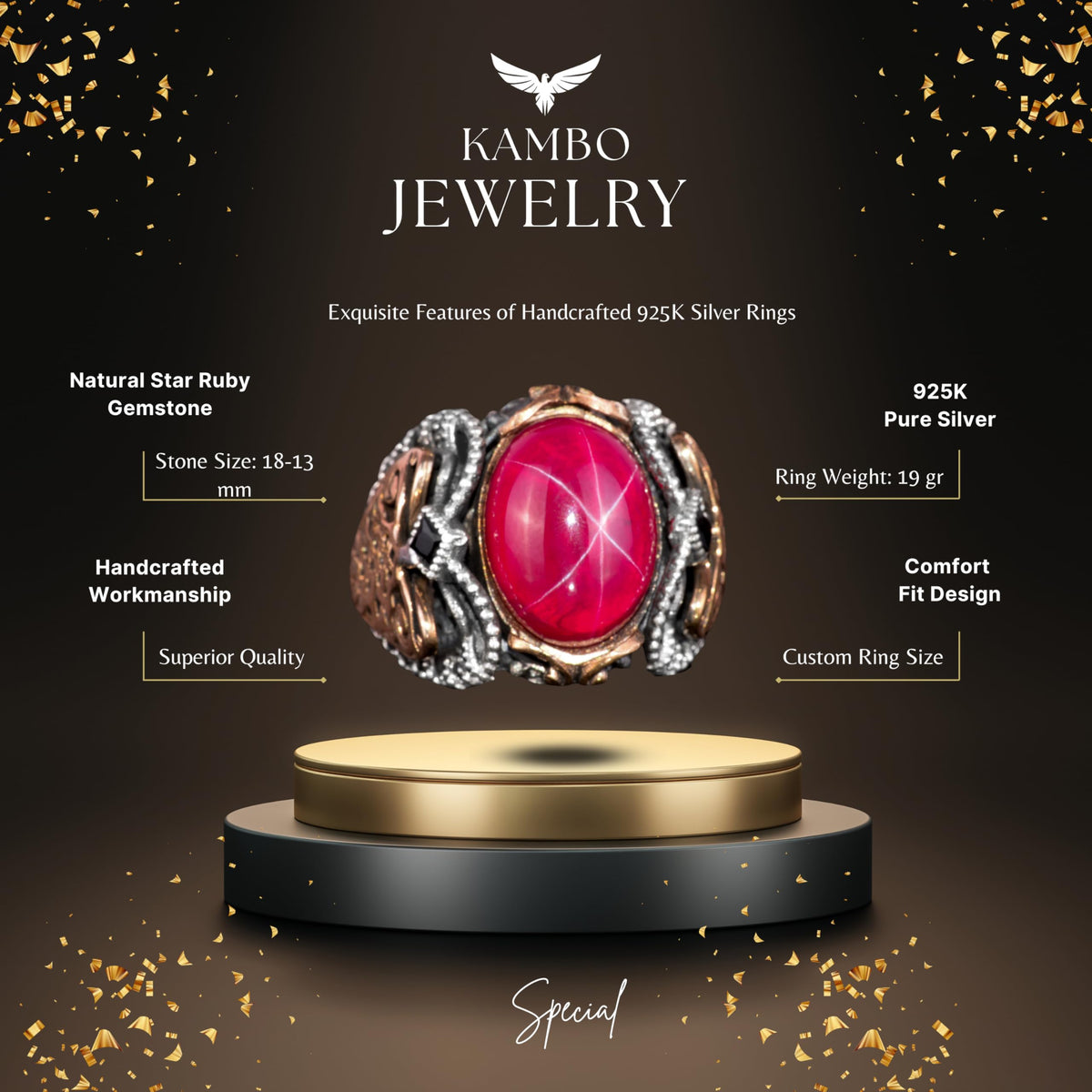 Real Natural Star Ruby Stone Men's Ring - 925 Sterling Silver — 2