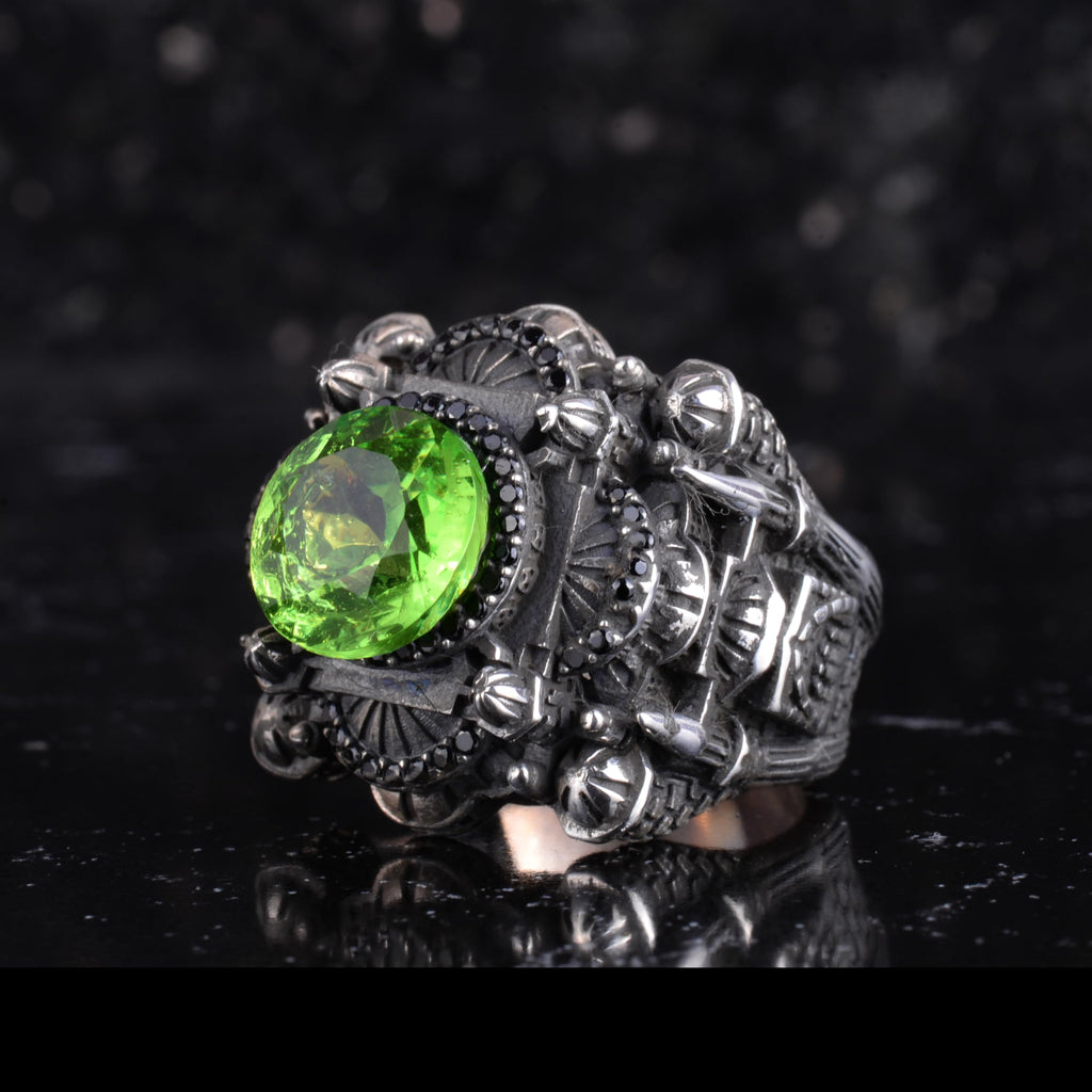 KAMBO Certified Peridot Stone Mosque Ring Men's - 925 Sterling Silver Ottoman Style Statement Ring - Handmade Green Stone Islamic Jewelry — 4