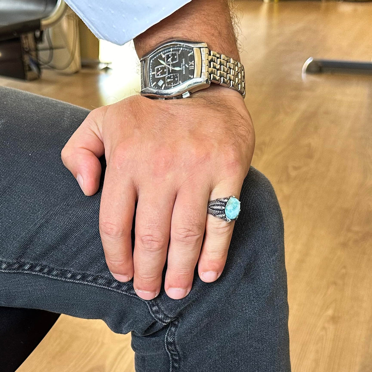 925 Sterling Silver Men's Ring, Natural Stone, Handmade Vintage Design Claw Ring (Larimar) — 3