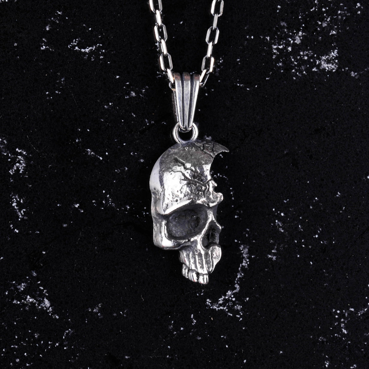 Kambo 925 Sterling Silver Skull Necklace – Gothic Half Skull Pendant, Handmade Men's Jewelry — 3