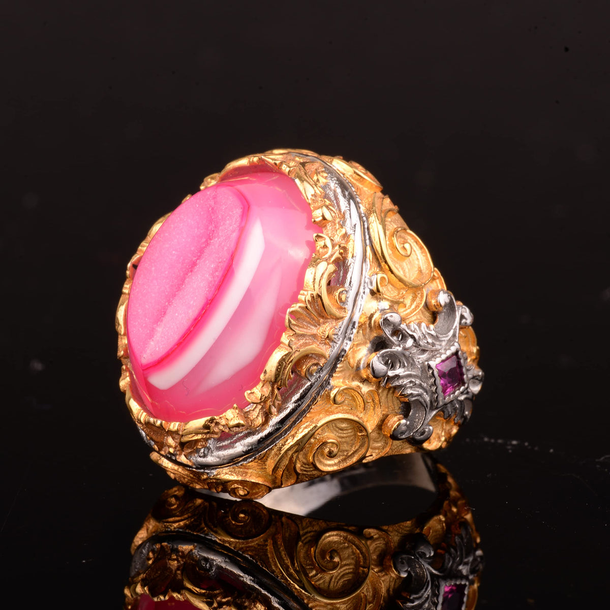 Silver Men's Ring - Gold Plated, Real Crystal Druzy Quartz Pink Natural Stone — 3