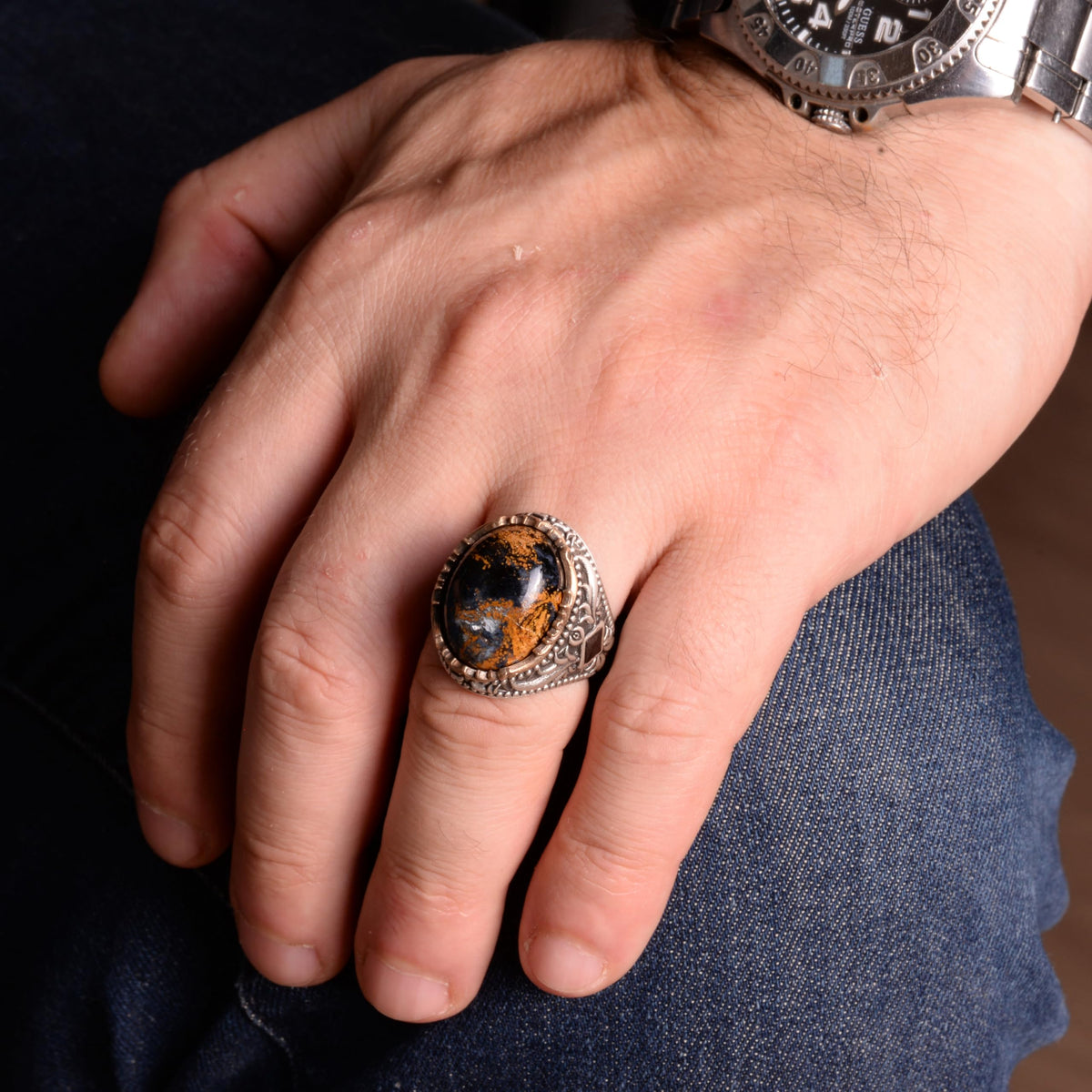 Natural Stone Men's Ring, 925 Sterling Silver Handcrafted Oval Ring — 4