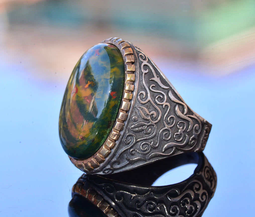 Handcrafted Natural Bloodstone Silver Large Men's Ring - Symbol of Courage and Strength — 4