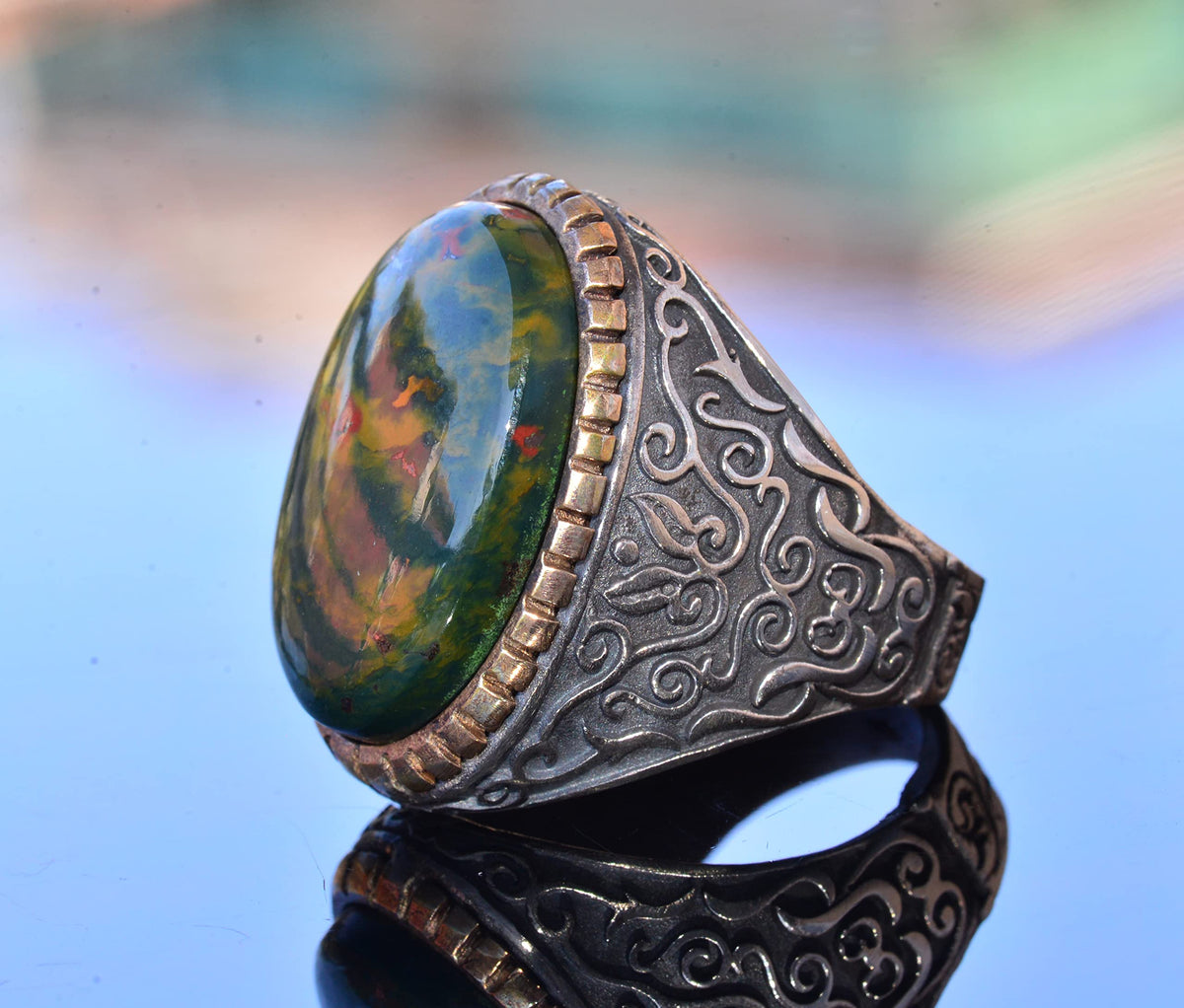Handcrafted Natural Bloodstone Silver Large Men's Ring - Symbol of Courage and Strength — 4