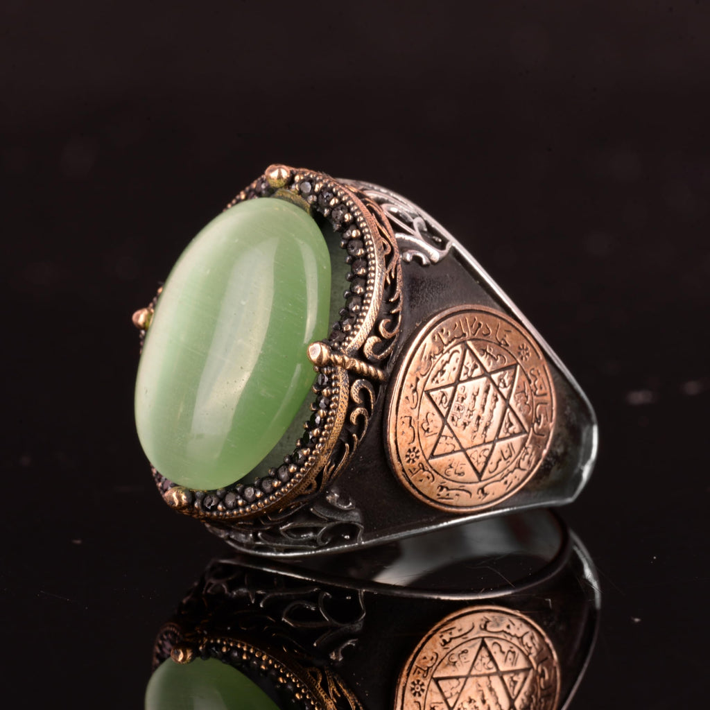 KAMBO Star of David Ring, Creation Stone Ring, 925 Sterling Silver Solomon Ring (Light Green Cat's Eye Creation Stone) — 6