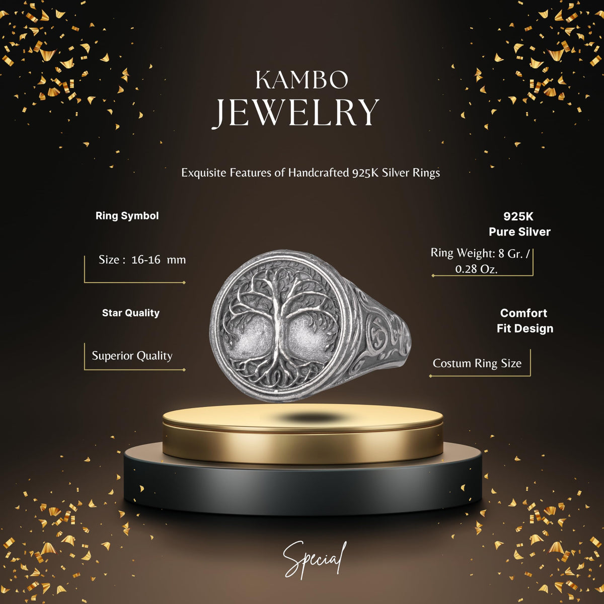 KAMBO 925 Sterling Silver Tree of Life Designed Men's Ring – Handmade Symbolic Spiritual Ring — 2