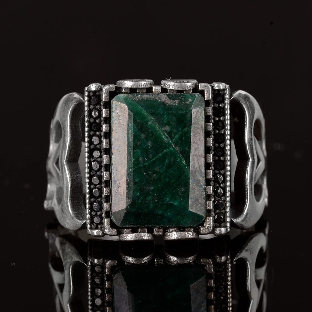 KAMBO Handmade 8.25 Carat Real Genuine Emerald Sterling Silver Ring for Men, Modern Cocktail Statement Birthstone Jewelr
