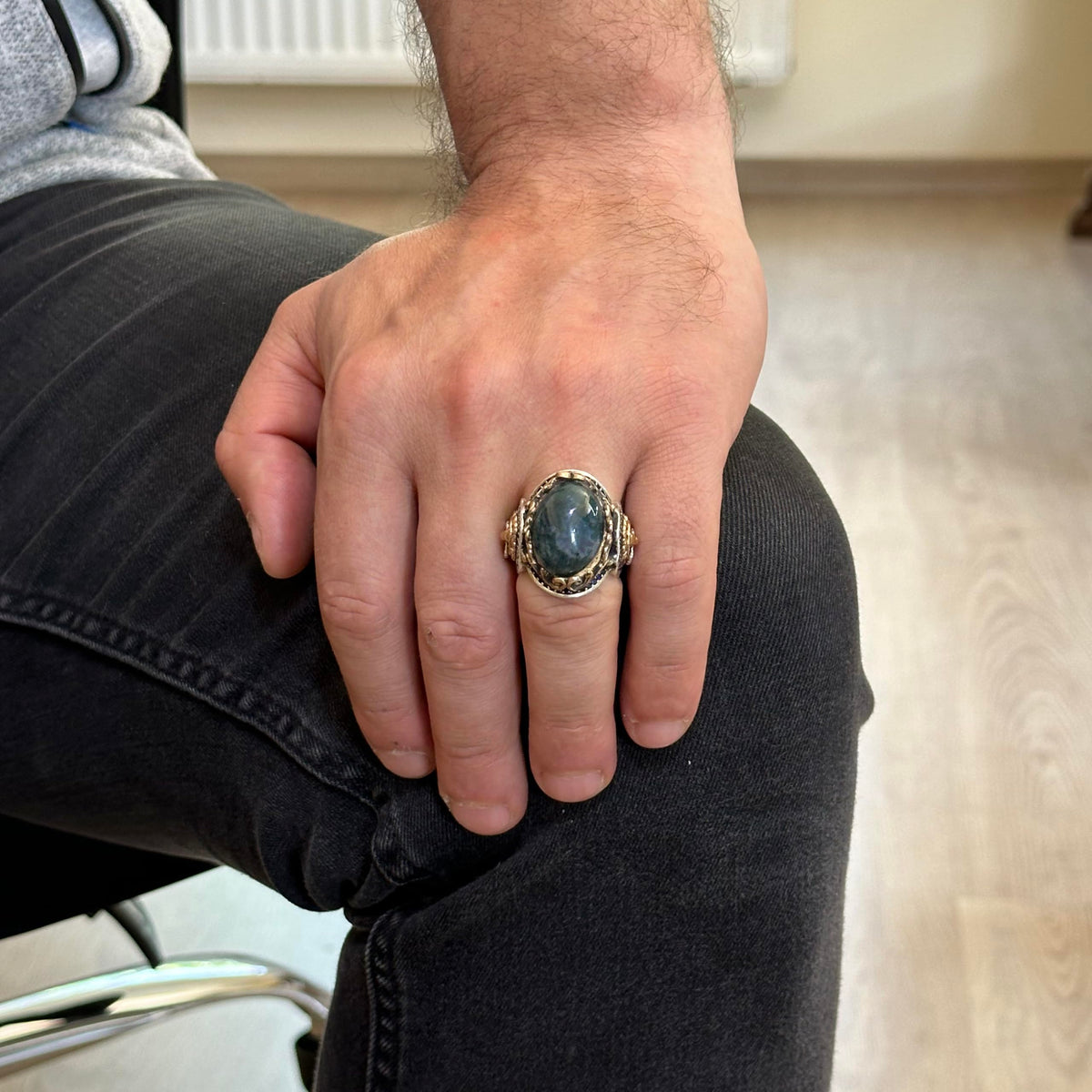 Natural Mossy Agate Stone Ring, Lion Head Men's Ring, 925K Pure Silver Men's Ring - Handmade Elegance — 3