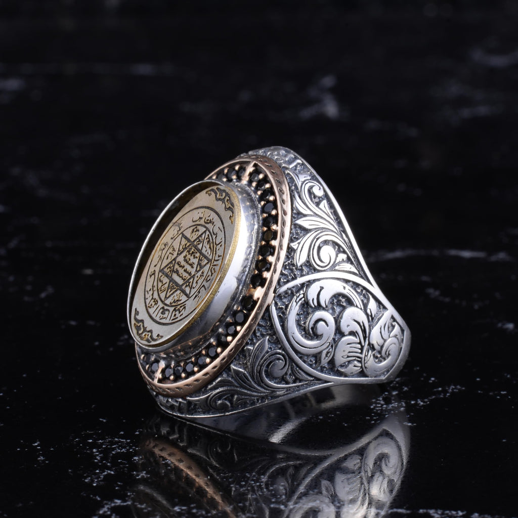 KAMBO Symbolic Large Men's Ring 925 Sterling Silver - Motif Statement Ring - Antique Inspired Vintage Byzantine Engraved Men's Jewelry (Seal of Solomon) — 4