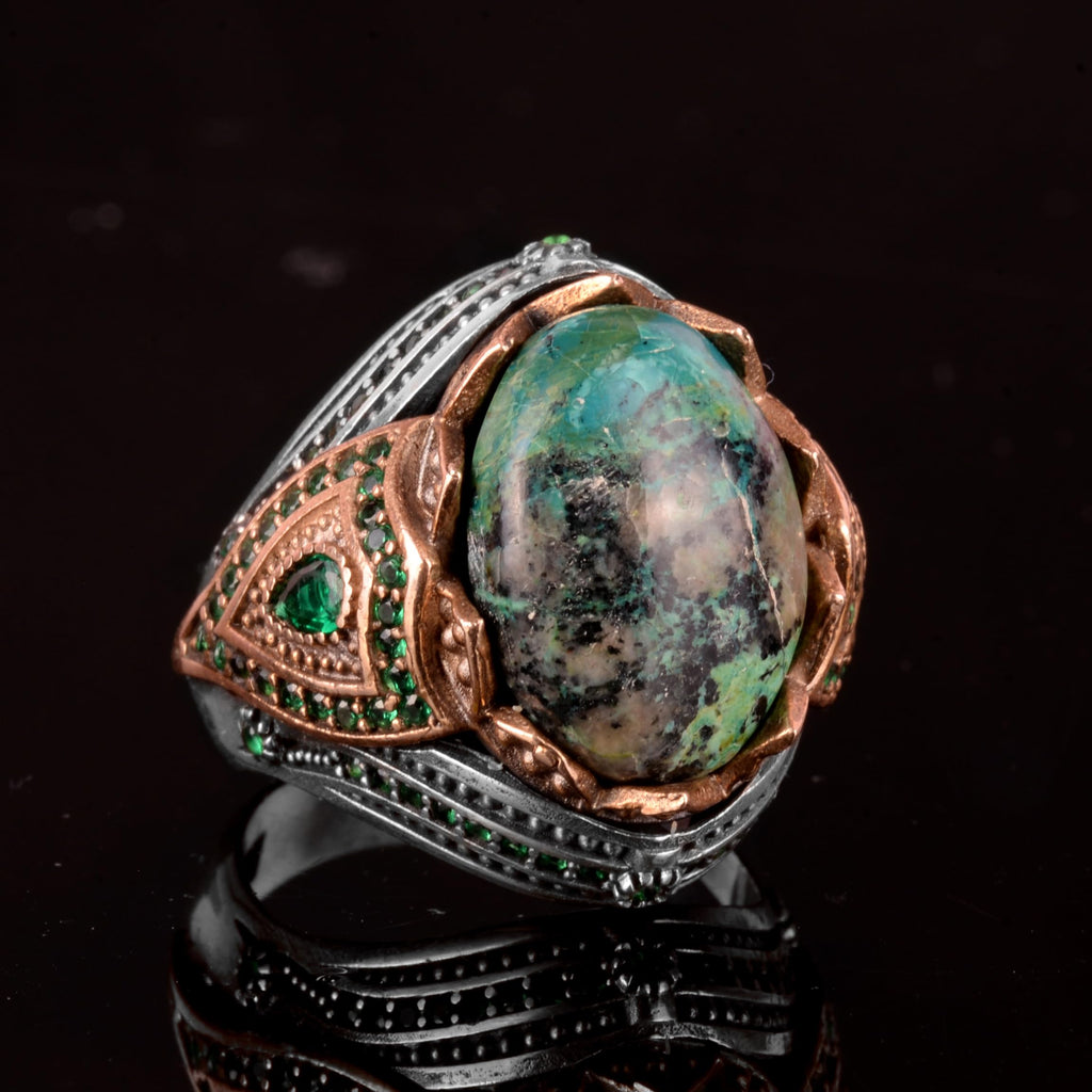 Natural Arizona Turquoise Stone Ring - 925 Sterling Silver Men's Ring (Model-3) — 6