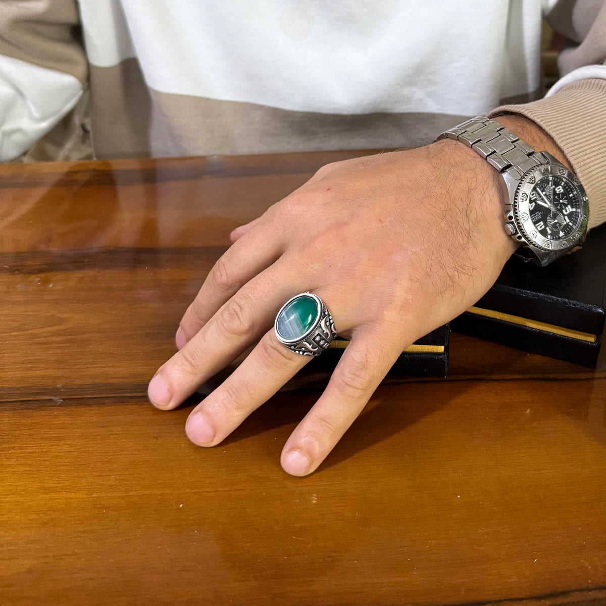 KAMBO Men's Natural Agate Ring – 925 Sterling Silver Flower Pattern Ring – Handmade Vintage Style Statement Ring for Men (Agate-5) — 3