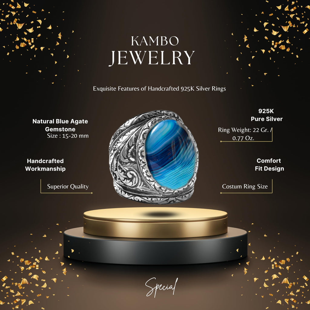 KAMBO 925 Sterling Silver Men's Big Ring, Natural Blue Agate Silver Ring, Steel Pen Craft Design — 2