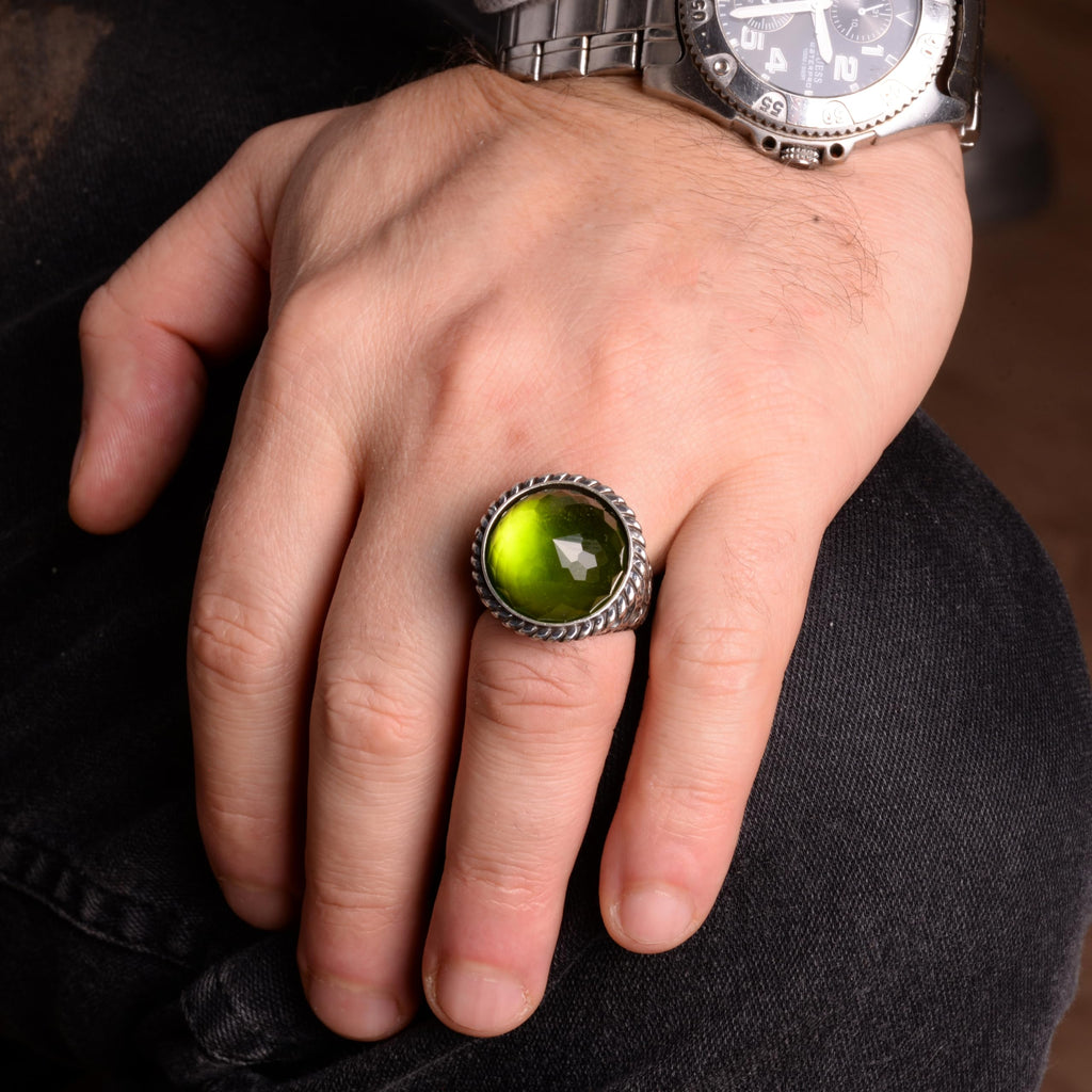 KAMBO Handmade 925 Sterling Silver Men's Peridot Stone Ring Minimalist Vintage Statement Jewelry Elegant Designer Band