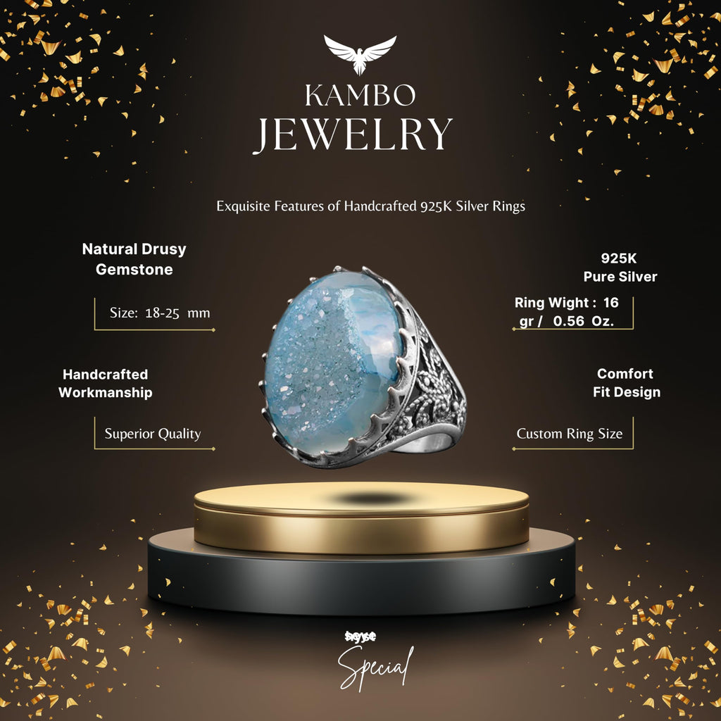 Silver Men's Ring Drusy Quartz Aqua - Shiny Stone Collection — 2