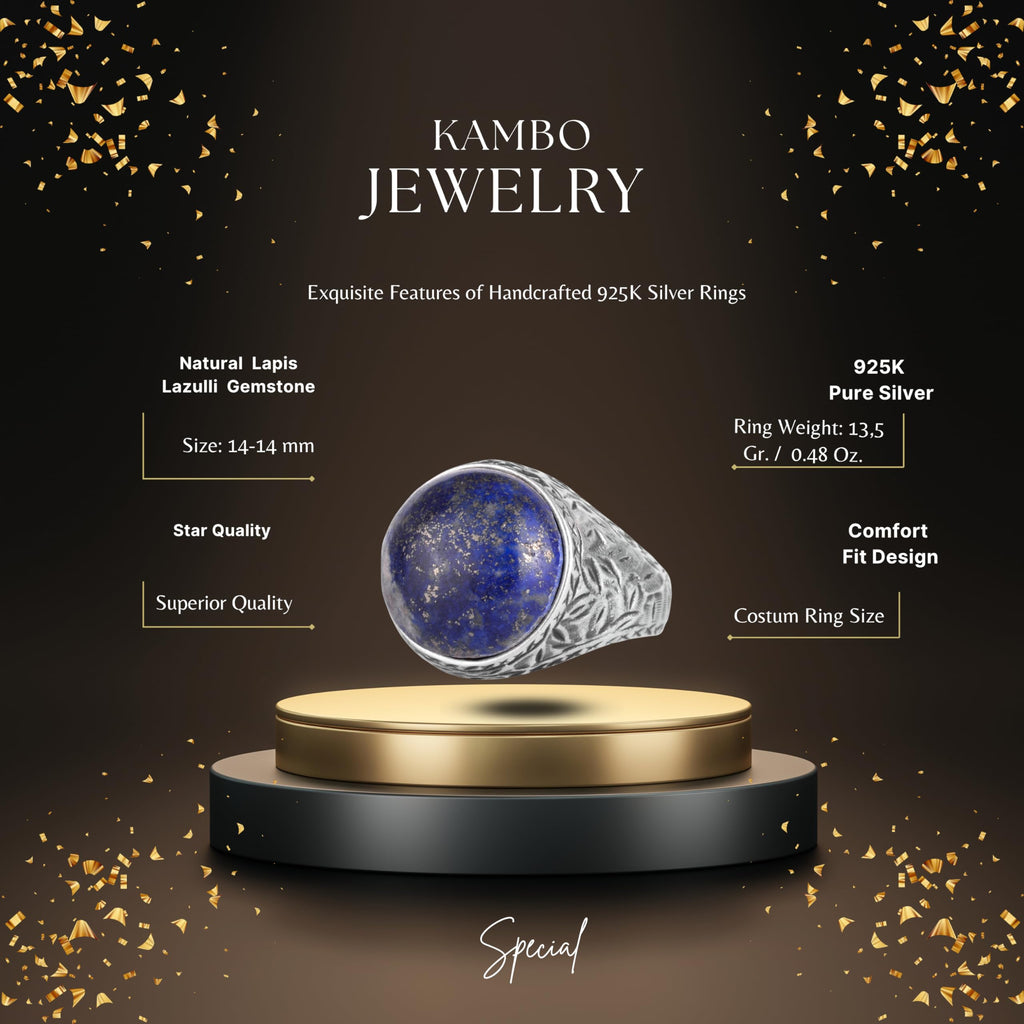 KAMBO Natural Stone Men's Ring 925 Sterling Silver Round Cabochon Handmade Statement Ring Stone (Lapis Lazuli) — 2