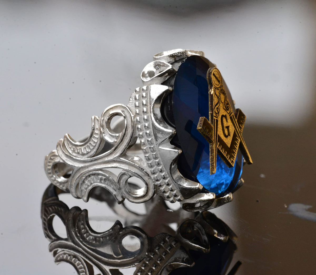 Men's Sapphire Mason Ring, 925 Sterling Silver Handmade — 4