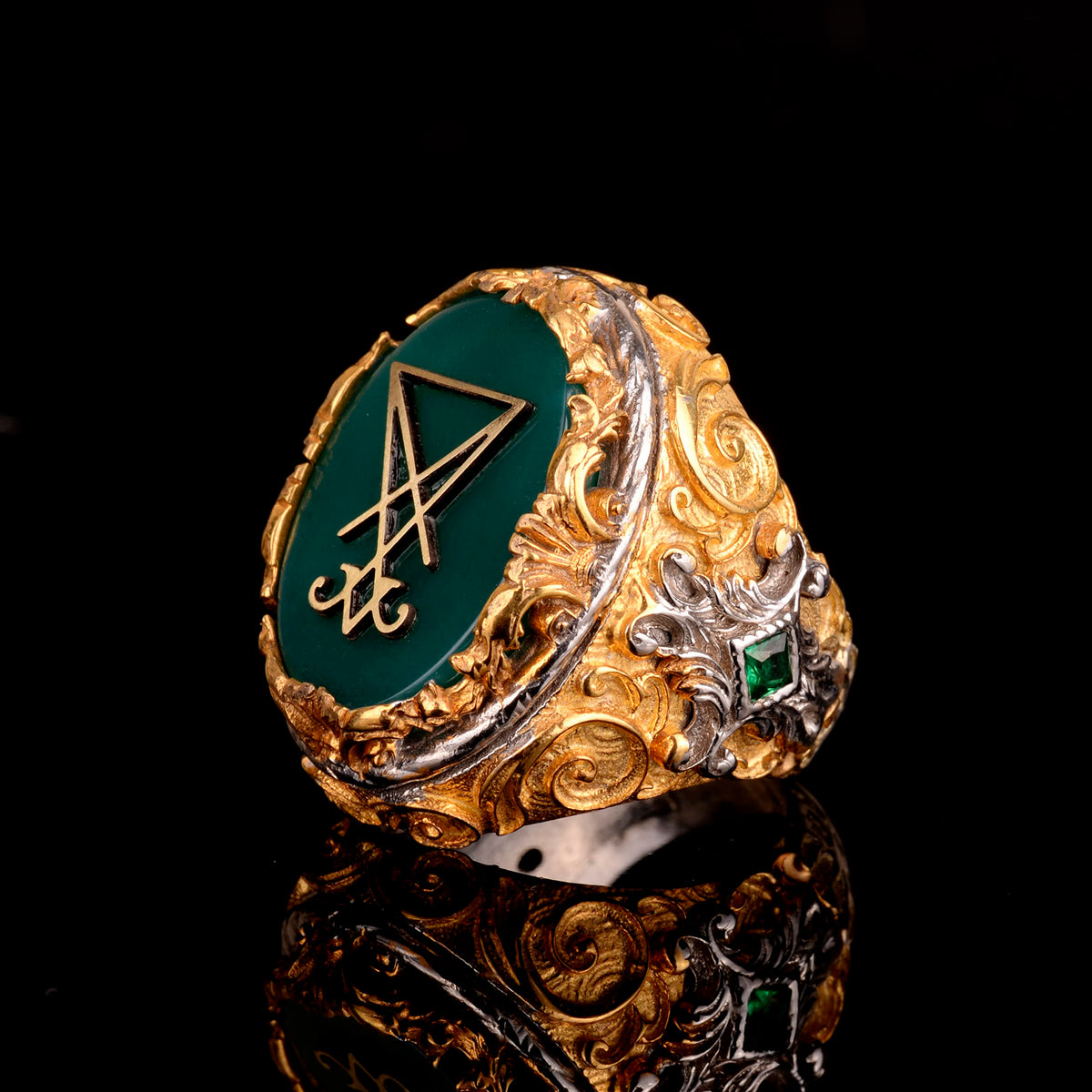 KAMBO Jade Stone Ring Men’s 925 Sterling Silver Signet Ring Handmade Gold Plated King Style Vintage Statement Jewelry Bi