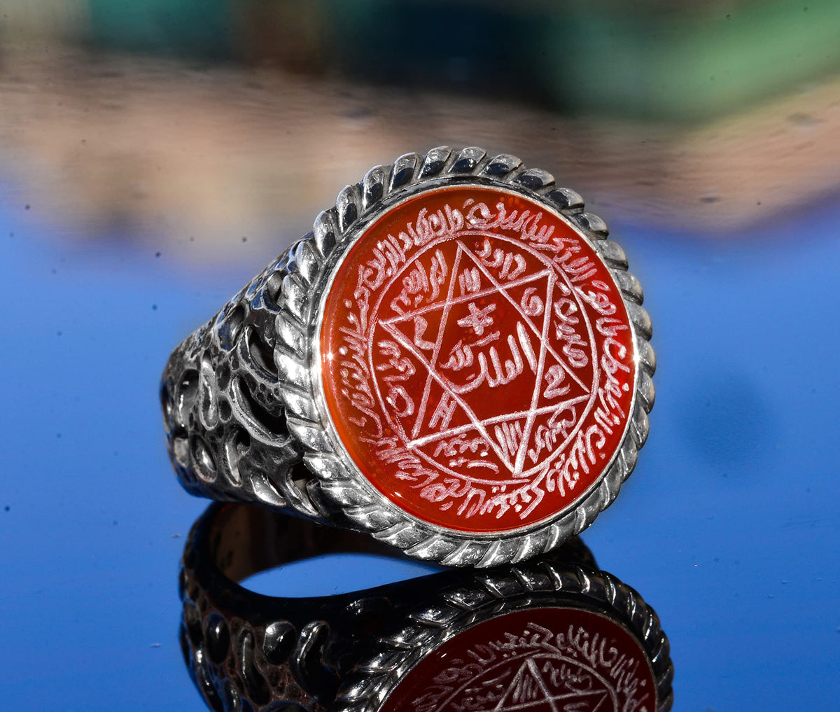 KAMBO Handcrafted Arabic Ring with Carnelian Stone, Sterling Silver Men's Ring - Solomon Star Emblem, Symbol of Courage 