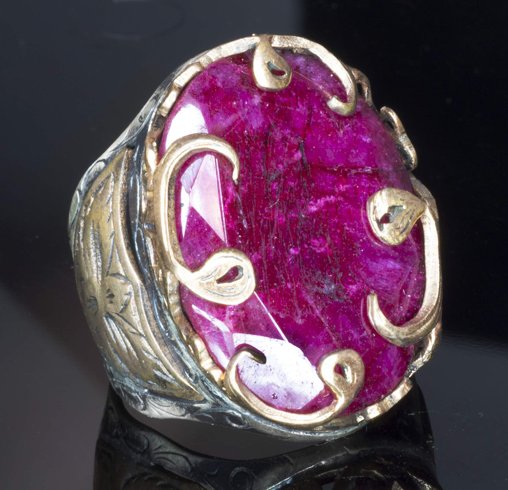 Silver Ring - Middle Eastern Pattern Natural Ruby Stone — 5
