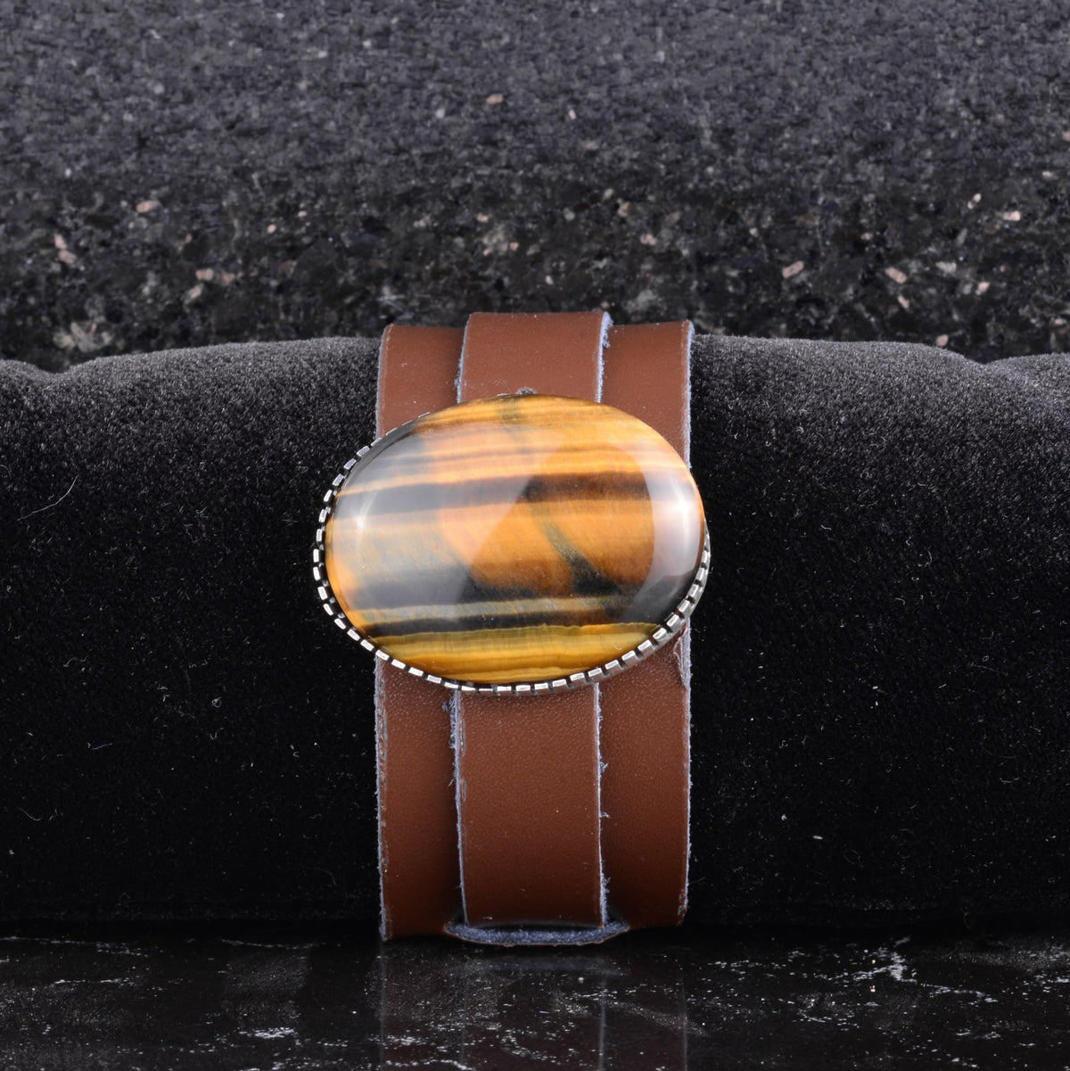 KAMBO Natural Tiger Eye Genuine Leather Cuff Bracelet for Men, Stone in 925 Sterling Silver Frame, Handmade Wide Wristba