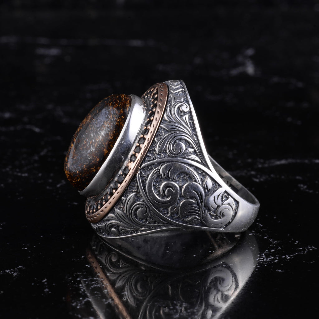 Men's Natural Stone Large Ring – Oval Stone Vintage Byzantine Engraved Statement Ring - Antique Filigree 925 Sterling Silver Jewelry (Bronzite) — 6
