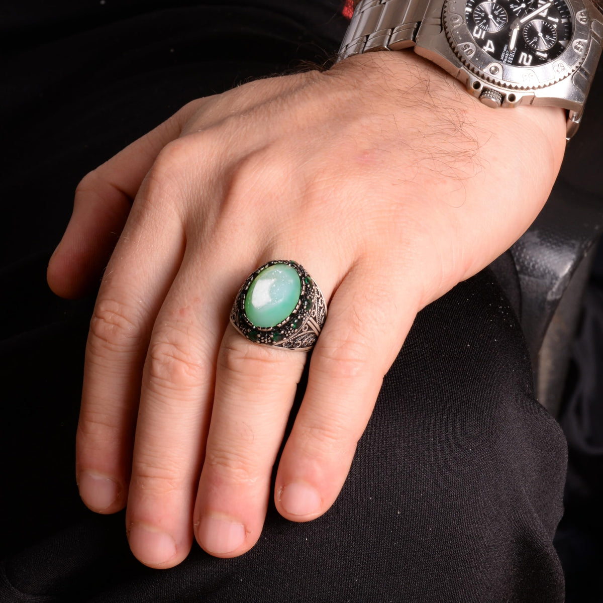 Crystal Druzy Quartz Stone Ring, 925 Sterling Silver Men's Ring (Model-2) — 3