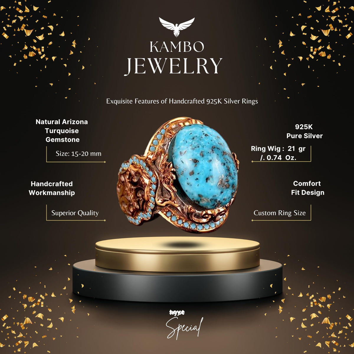 Arizona Turquoise Stone Silver Mosque Ring — 2