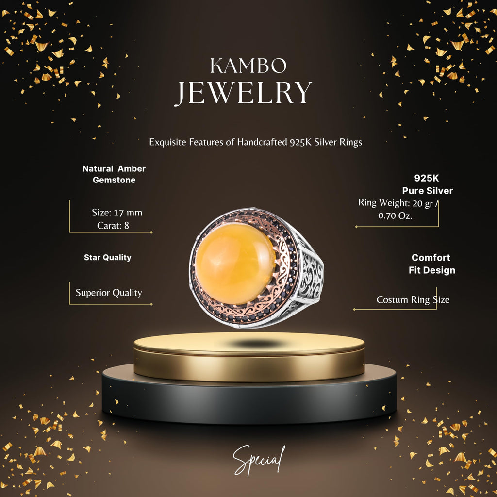 KAMBO Stone 925 Sterling Silver Men's Round Ring with Bronze Detail Vintage Ottoman Style Handmade Silver Ring (Amber) — 2