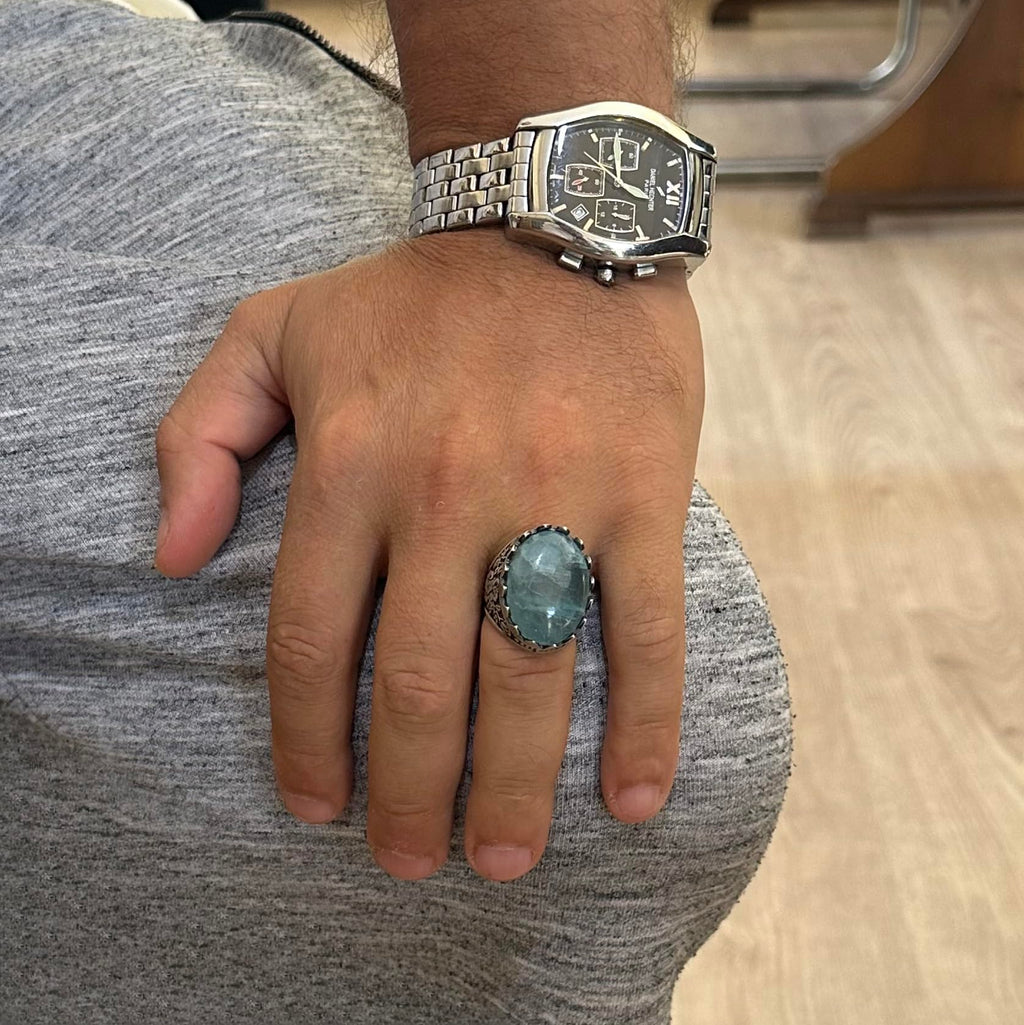 Natural Aquamarine Stone Ring - Rose Pattern - 925 Sterling Silver - Handmade Large Ring — 3