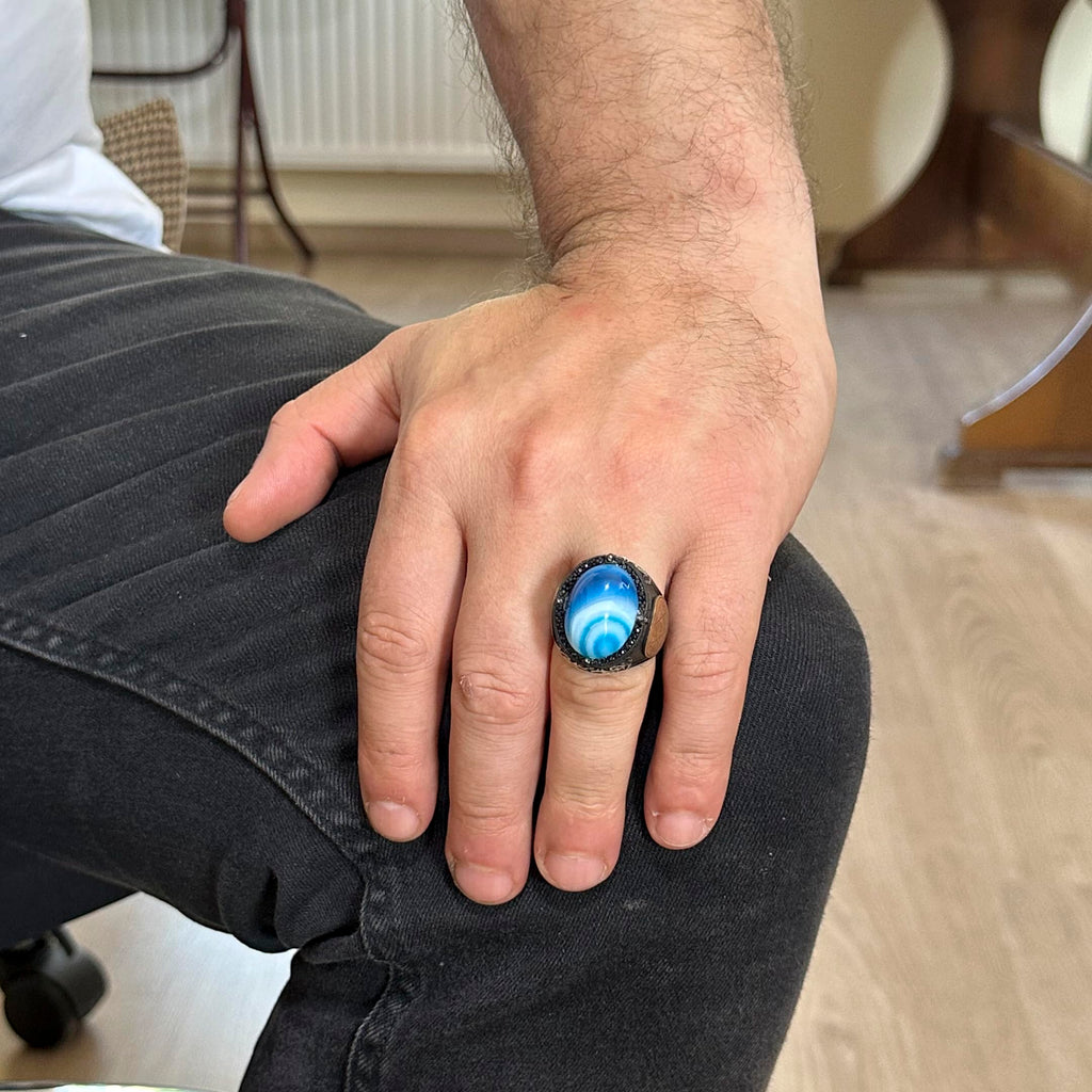 Natural Blue Agate Stone Ring - 925 Sterling Silver Men's Ring — 3