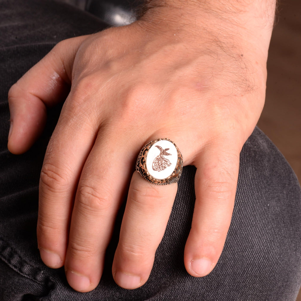 Natural Pearl Stone Ring, Mevlevi Islamic 925 Sterling Silver Men's Ring — 2