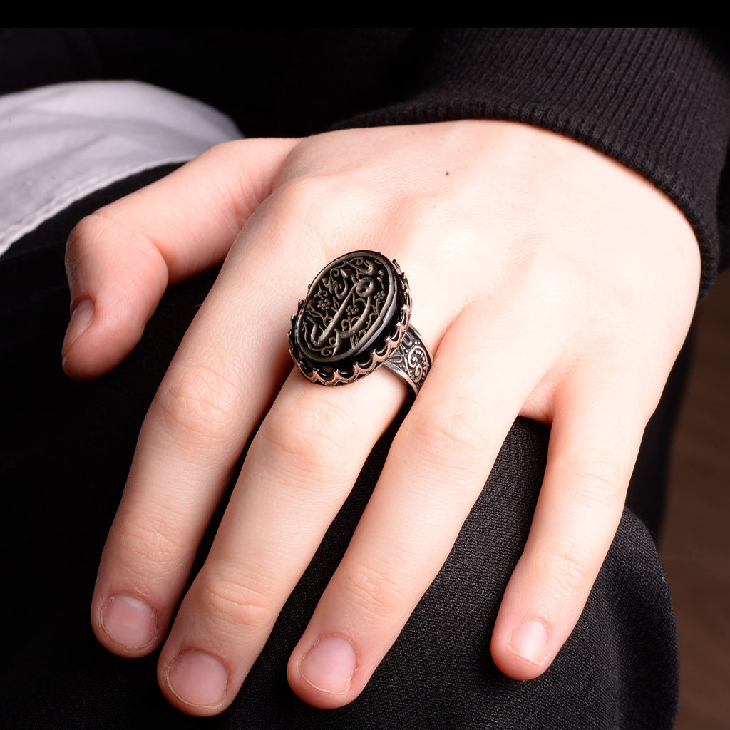 Natural Agate Stone Ring, 925 Sterling Silver Men's Ring — 6
