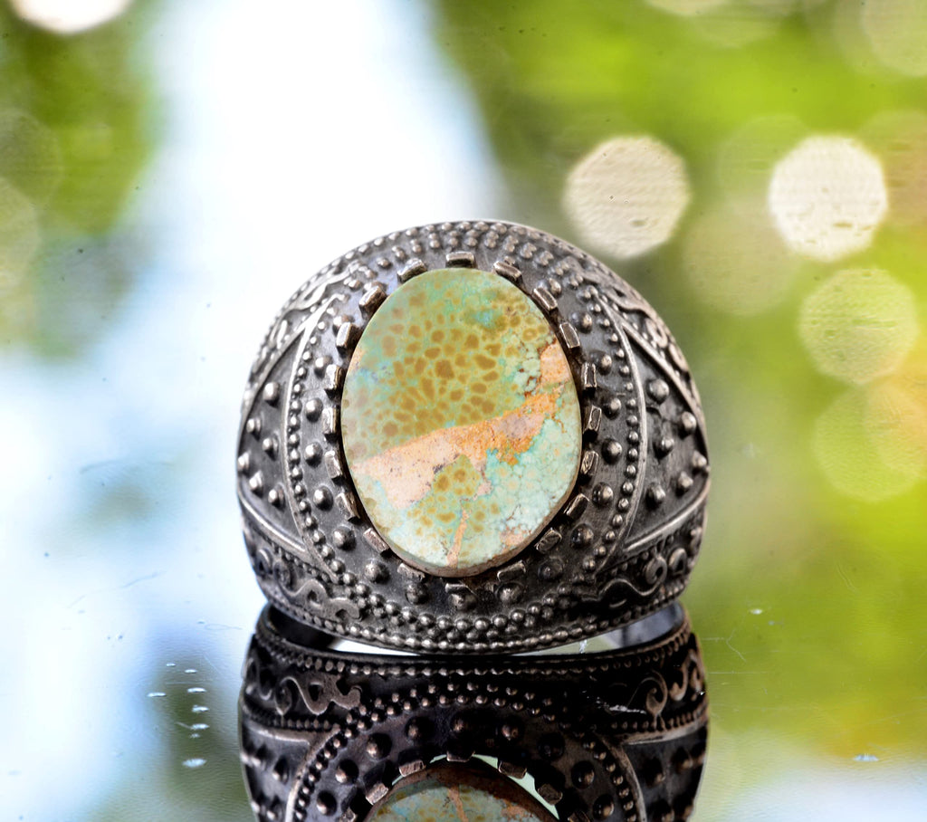 925 Sterling Silver Natural Arizona Turquoise Gemstone Men's Ring - Birthstone Ring - Vintage Design — 2