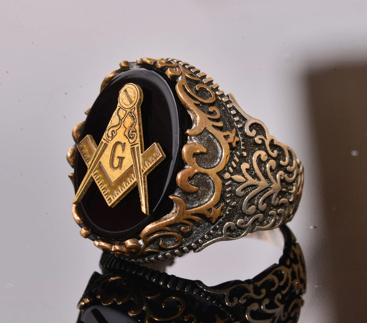 Natural Obsidian Gemstone Ring - 925 Sterling Silver Ring - Seal Ring (Masonic) — 3
