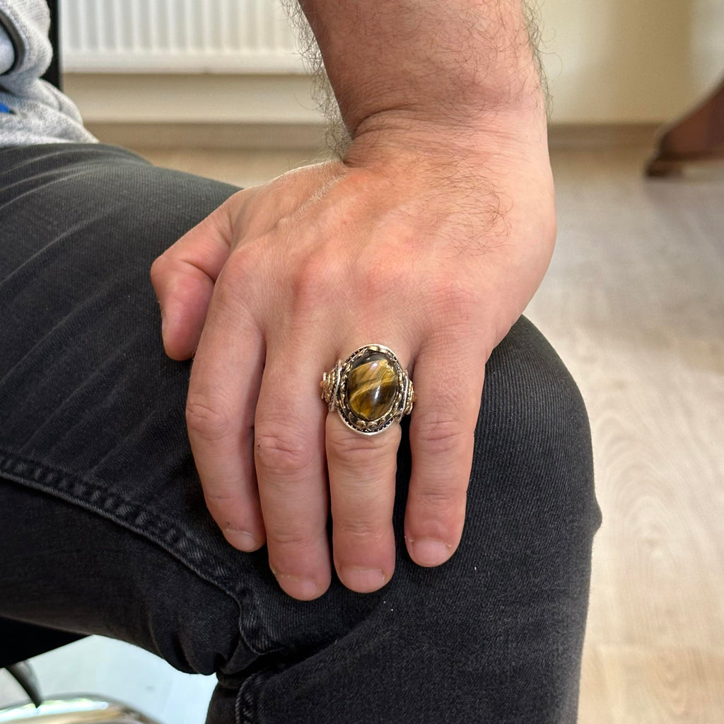 Handmade Tiger Eye Stone Ring, Lion Symbol Ring - 925K Pure Silver Men's Ring - Brave Design — 3